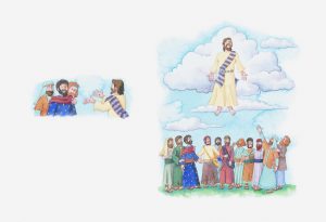 Illustration of a bible scene, Luke 24, Acts 1: Ascension of Jesus