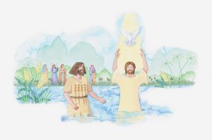 Illustration of a bible scene, Luke 3, John the Baptist baptises Jesus in the River Jordan, God speaks to him and send down his Holy Spirit in the form of a dove
