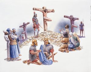 Illustration of The Crucifixion of Jesus and thieves at Calvary (Golgotha)
